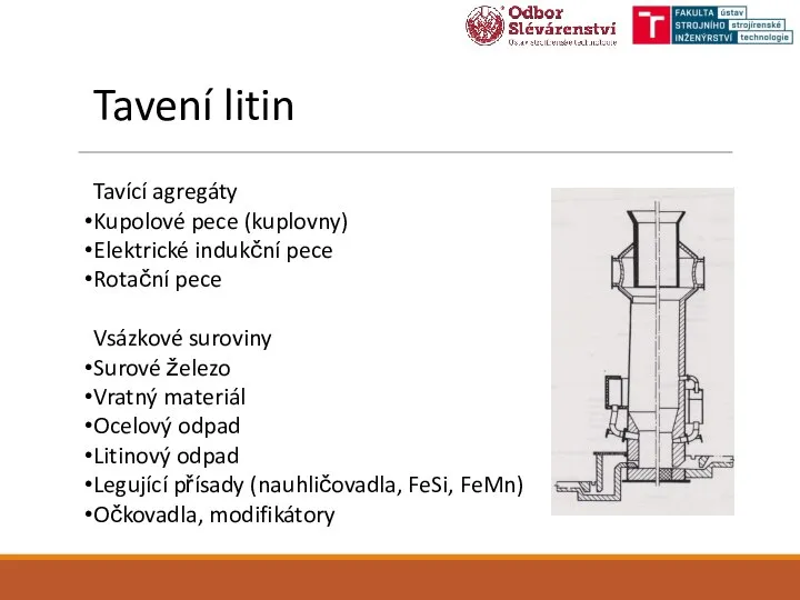 Tavení litin Tavící agregáty Kupolové pece (kuplovny) Elektrické indukční pece Rotační pece