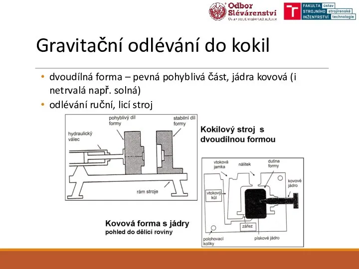 Gravitační odlévání do kokil dvoudílná forma – pevná pohyblivá část, jádra kovová