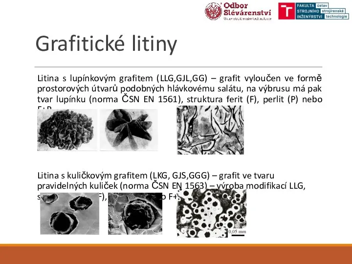 Grafitické litiny Litina s lupínkovým grafitem (LLG,GJL,GG) – grafit vyloučen ve formě
