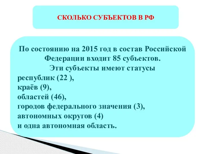 СКОЛЬКО СУБЪЕКТОВ В РФ По состоянию на 2015 год в состав Российской