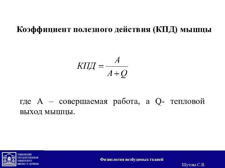 Коэффициент полезного действия (КПД) мышцы где А – совершаемая работа, а Q-