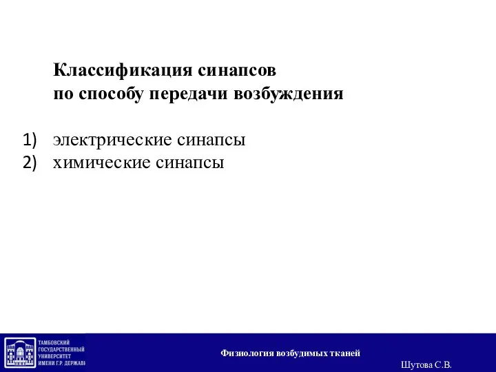 Классификация синапсов по способу передачи возбуждения электрические синапсы химические синапсы Физиология возбудимых тканей Шутова С.В.