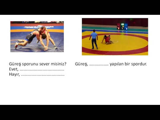 Güreş sporunu sever misiniz? Güreş, ................ yapılan bir spordur. Evet, ..................................... Hayır, ....................................