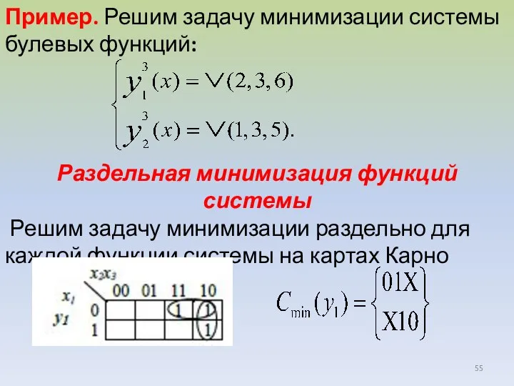 Пример. Решим задачу минимизации системы булевых функций: Раздельная минимизация функций системы Решим