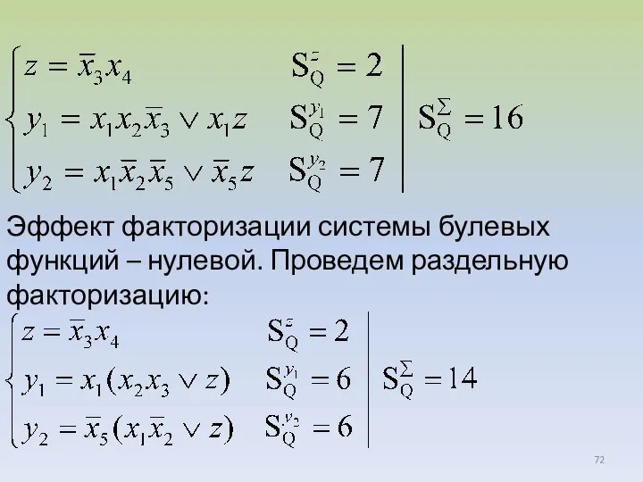 Эффект факторизации системы булевых функций – нулевой. Проведем раздельную факторизацию: