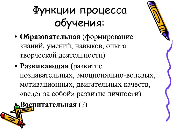 Функции процесса обучения: Образовательная (формирование знаний, умений, навыков, опыта творческой деятельности) Развивающая