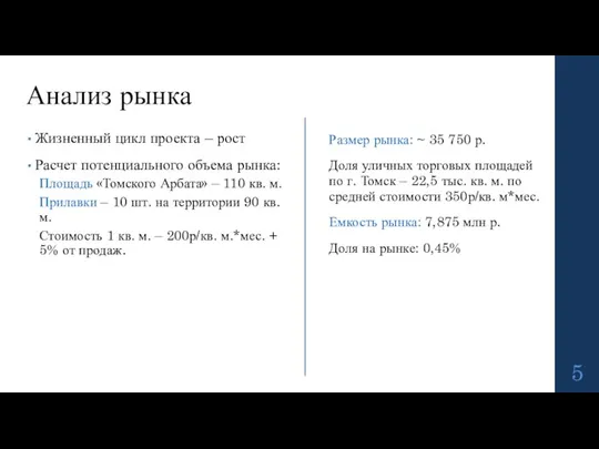 Жизненный цикл проекта – рост Расчет потенциального объема рынка: Площадь «Томского Арбата»