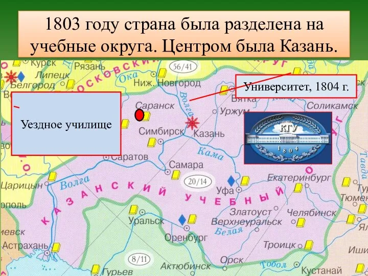 1803 году страна была разделена на учебные округа. Центром была Казань. Университет, 1804 г. Уездное училище