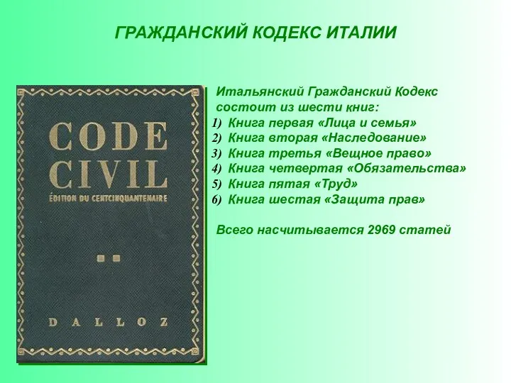 ГРАЖДАНСКИЙ КОДЕКС ИТАЛИИ Итальянский Гражданский Кодекс состоит из шести книг: Книга первая