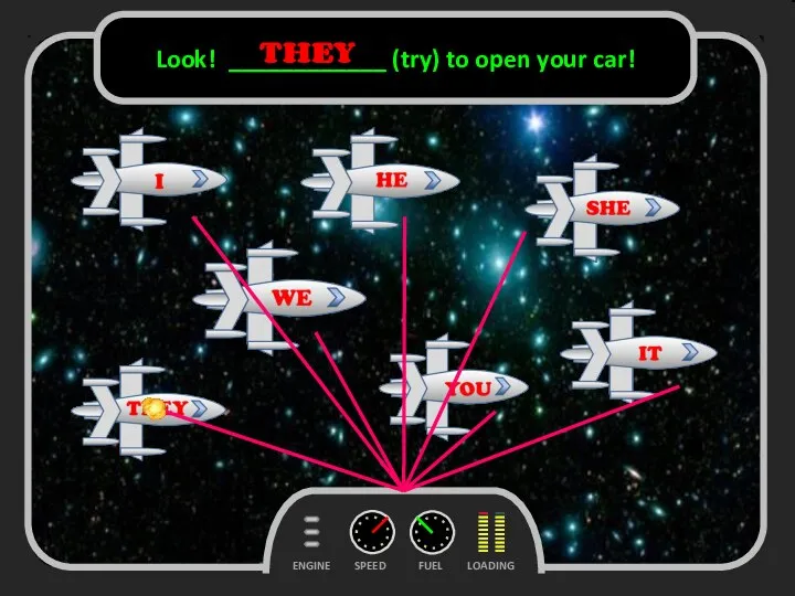 FUEL SPEED LOADING ENGINE Look! ____________ (try) to open your car! THEY