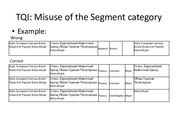 TQI: Misuse of the Segment category Example: Correct Wrong