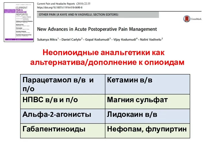 Неопиоидные анальгетики как альтернатива/дополнение к опиоидам