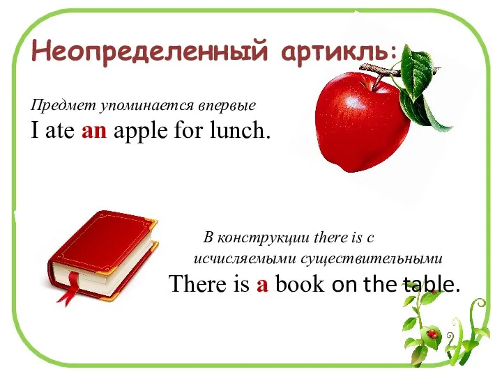 Неопределенный артикль: Предмет упоминается впервые I ate an apple for lunch. В