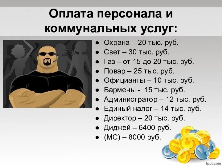 Оплата персонала и коммунальных услуг: Охрана – 20 тыс. руб. Свет –
