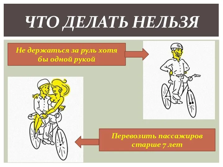 ЧТО ДЕЛАТЬ НЕЛЬЗЯ Не держаться за руль хотя бы одной рукой Перевозить пассажиров старше 7 лет