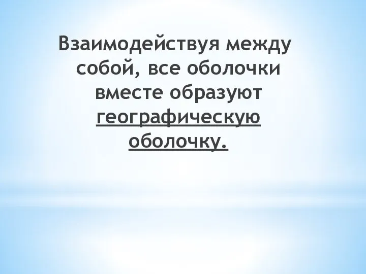 Взаимодействуя между собой, все оболочки вместе образуют географическую оболочку.