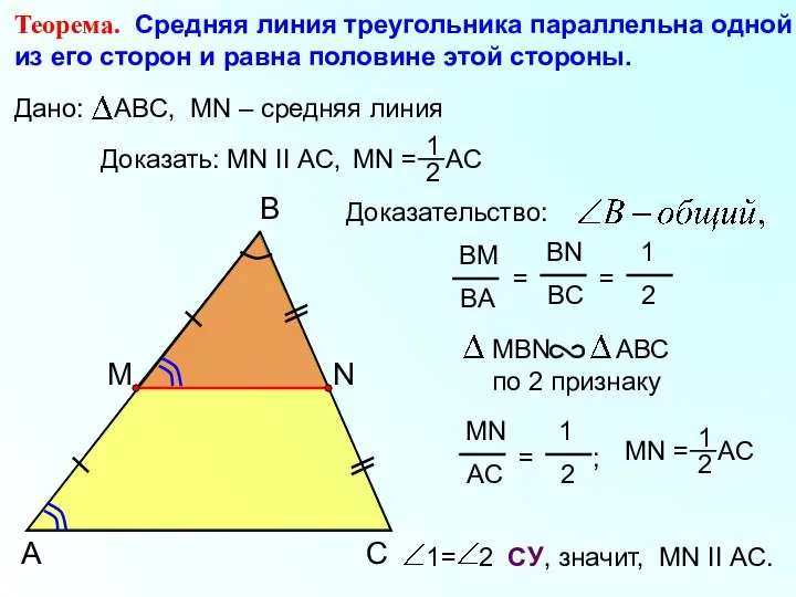 Теорема. Средняя линия треугольника параллельна одной из его сторон и равна половине