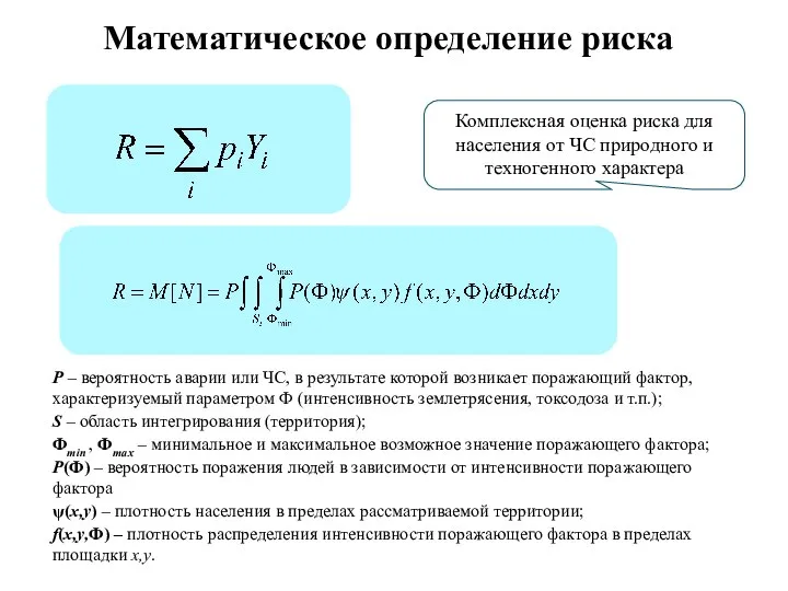 Математическое определение риска Комплексная оценка риска для населения от ЧС природного и