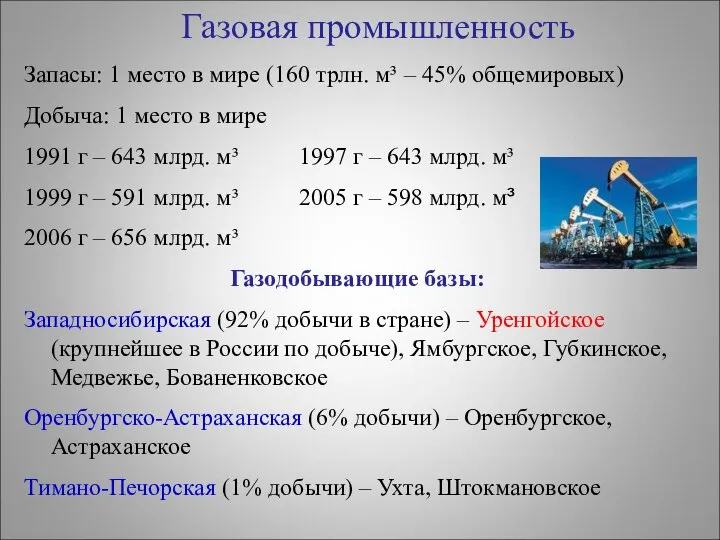 Газовая промышленность Запасы: 1 место в мире (160 трлн. м³ – 45%