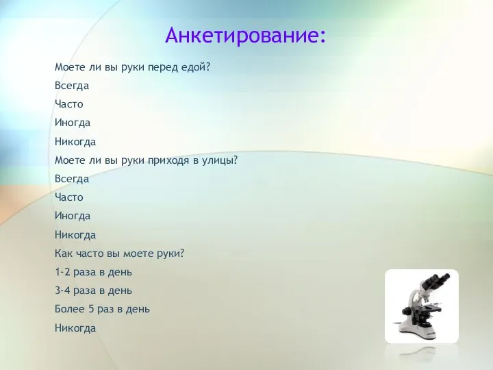 Анкетирование: Моете ли вы руки перед едой? Всегда Часто Иногда Никогда Моете