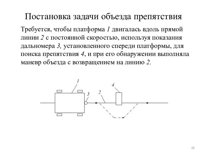 Постановка задачи объезда препятствия Требуется, чтобы платформа 1 двигалась вдоль прямой линии