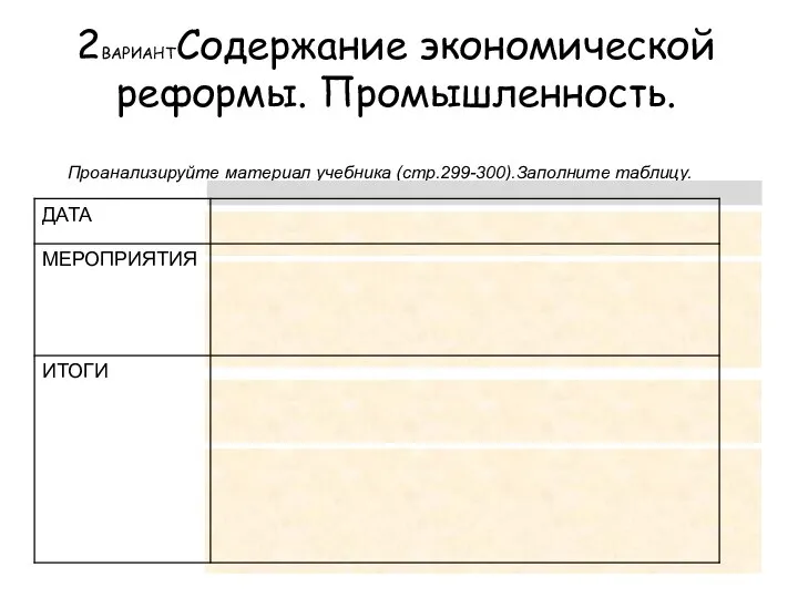 2ВАРИАНТСодержание экономической реформы. Промышленность. Проанализируйте материал учебника (стр.299-300).Заполните таблицу.