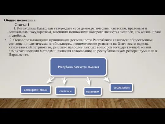 Общие положения Статья 1 1. Республика Казахстан утверждает себя демократическим, светским, правовым