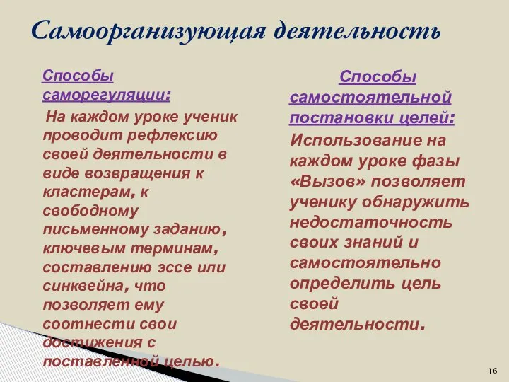 Самоорганизующая деятельность Способы саморегуляции: На каждом уроке ученик проводит рефлексию своей деятельности