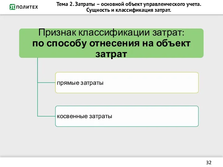 Тема 2. Затраты – основной объект управленческого учета. Сущность и классификация затрат.