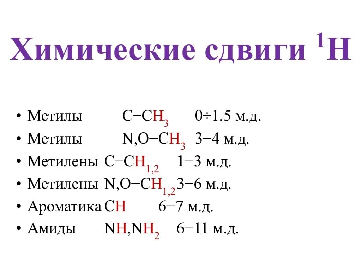 Химические сдвиги 1Н Метилы C−CH3 0÷1.5 м.д. Метилы N,O−CH3 3−4 м.д. Метилены