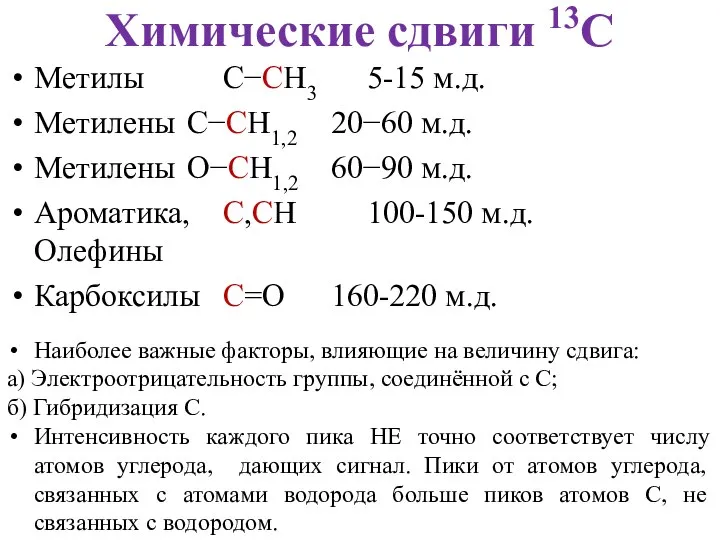 Химические сдвиги 13С Метилы C−CH3 5-15 м.д. Метилены С−СН1,2 20−60 м.д. Метилены