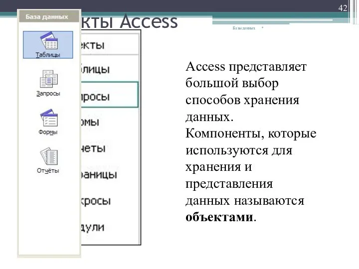 Объекты Access * Базы данных Access представляет большой выбор способов хранения данных.