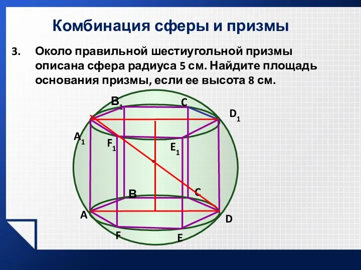 Комбинация сферы и призмы Около правильной шестиугольной призмы описана сфера радиуса 5