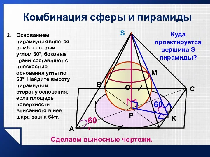 Комбинация сферы и пирамиды 60° A P K 60° C B Куда
