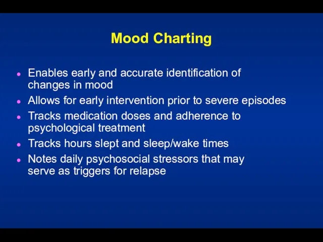 Mood Charting Enables early and accurate identification of changes in mood Allows