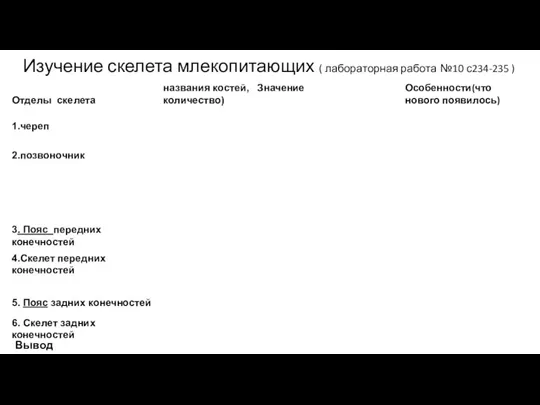 Изучение скелета млекопитающих ( лабораторная работа №10 с234-235 ) Вывод :