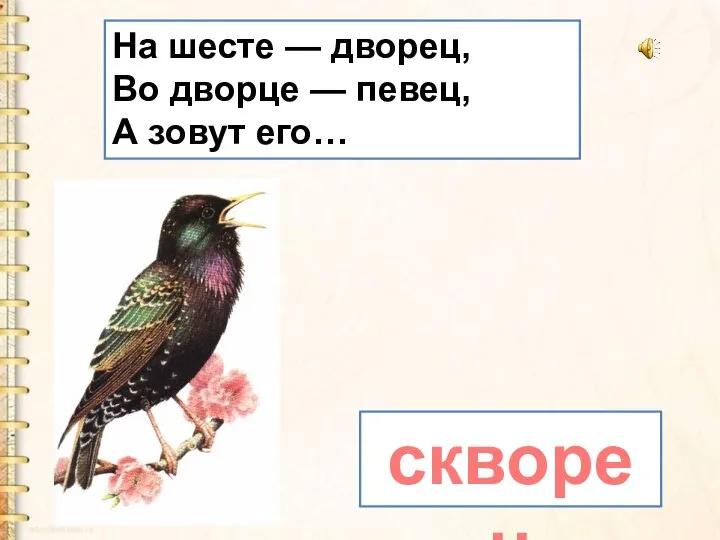 На шесте — дворец, Во дворце — певец, А зовут его… скворец