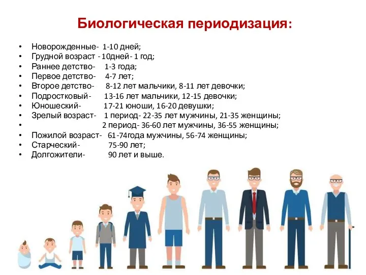 Биологическая периодизация: Новорожденные- 1-10 дней; Грудной возраст - 10дней- 1 год; Раннее