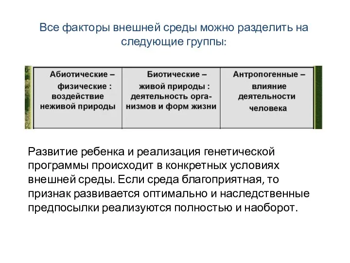 Все факторы внешней среды можно разделить на следующие группы: Развитие ребенка и