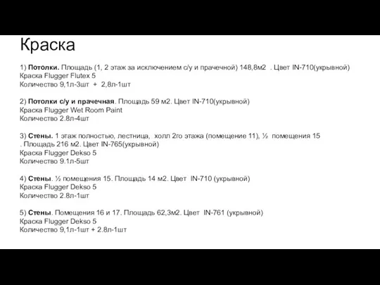 Краска 1) Потолки. Площадь (1, 2 этаж за исключением с/у и прачечной)