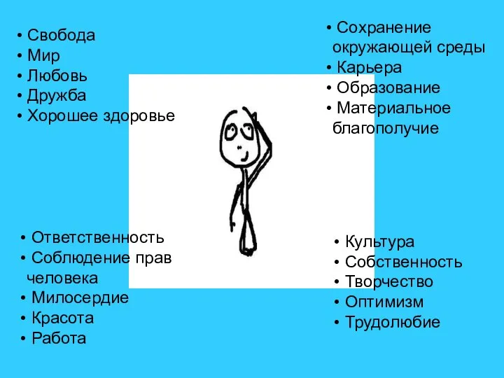 Свобода Мир Любовь Дружба Хорошее здоровье Сохранение окружающей среды Карьера Образование Материальное