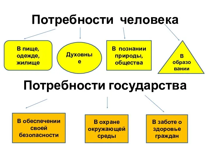 Потребности человека Потребности государства В обеспечении своей безопасности В охране окружающей среды