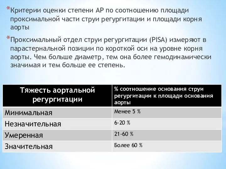 Критерии оценки степени АР по соотношению площади проксимальной части струи регургитации и