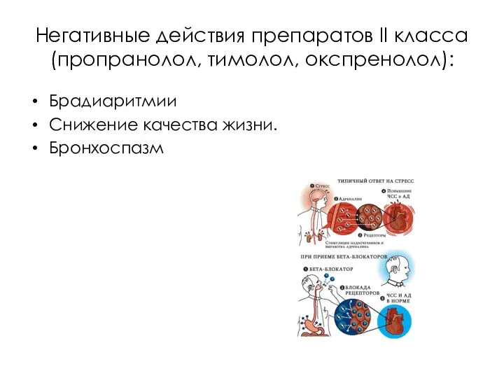 Негативные действия препаратов II класса (пропранолол, тимолол, окспренолол): Брадиаритмии Снижение качества жизни. Бронхоспазм