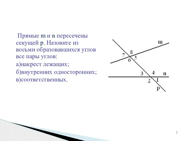 Прямые m и n пересечены секущей р. Назовите из восьми образовавшихся углов