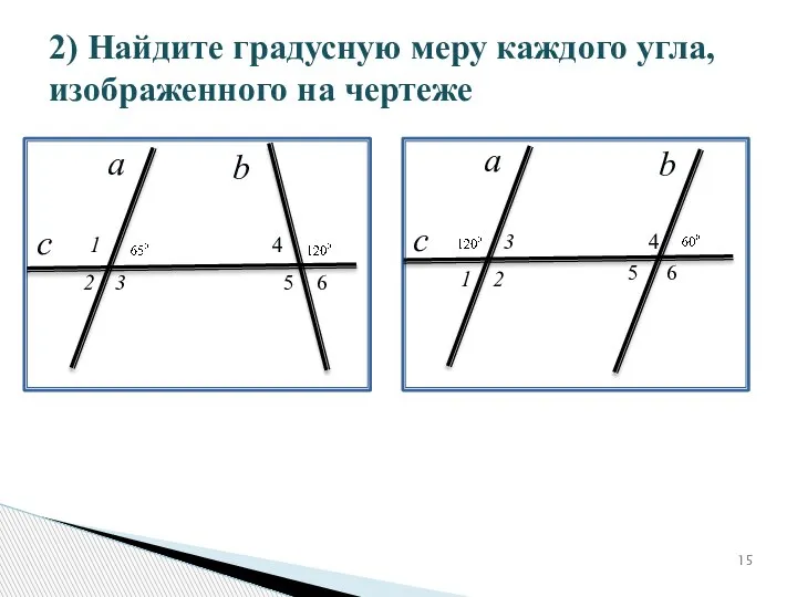 2) Найдите градусную меру каждого угла, изображенного на чертеже