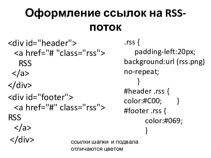 Оформление ссылок на RSS-поток RSS RSS .rss { padding-left:20px; background:url (rss.png) no-repeat;