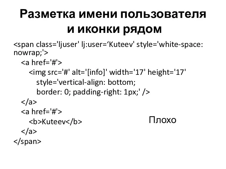 Разметка имени пользователя и иконки рядом style='vertical-align: bottom; border: 0; padding-right: 1px;' /> Kuteev Плохо