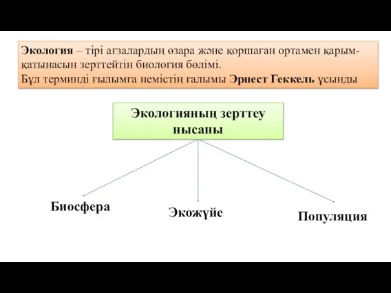 Экология – тірі ағзалардың өзара және қоршаған ортамен қарым-қатынасын зерттейтін биология бөлімі.