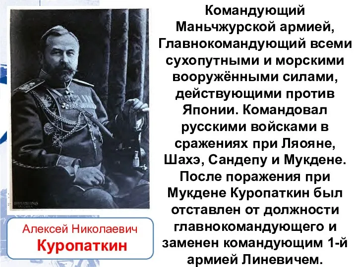 Алексей Николаевич Куропаткин Командующий Маньчжурской армией, Главнокомандующий всеми сухопутными и морскими вооружёнными